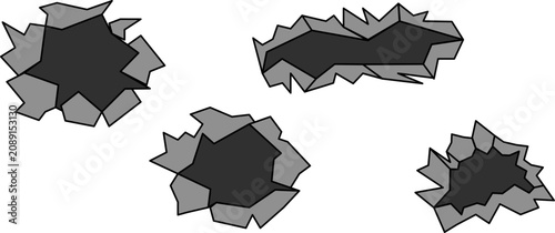 Cracked concrete ground or wall holes set on white background, dark grey broken surface fragments with sharp jagged edges, concrete destruction vector graphic elements