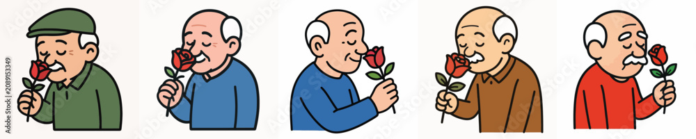 Obraz premium Set of vector illustrations of a grandfather smelling a rose