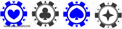 Casino poker chips with card suit symbols set on white background, blue and black tokens for betting and gambling games, graphic icon elements for vector design