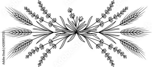 Intricate black and white wheat ears floral design.
