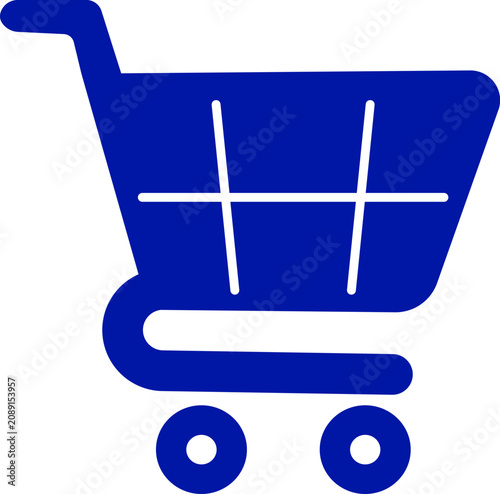 Blue shopping cart basket icon isolated on white background, e-commerce retail store trolley symbol for digital marketing, online commercial purchase vector graphic element