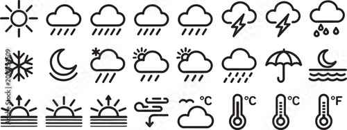 Weather Icons Set with Sun Clouds Rain Lightning Snow Moon and Temperature Symbols in a Simple Vector Style