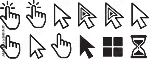 Hand Gesture Icons and Cursor Arrow Symbols Set with Hourglass Indicator for Ui Design and Navigation Concept