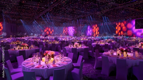 Elegant Gala Dinner Event with Purple Lighting and Table Settings.