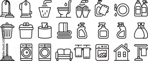 Cleaning Household Icons Set with Containers, Gloves, Spray Bottles, Vacuum, Dishwasher, Laundry and Kitchen Symbols