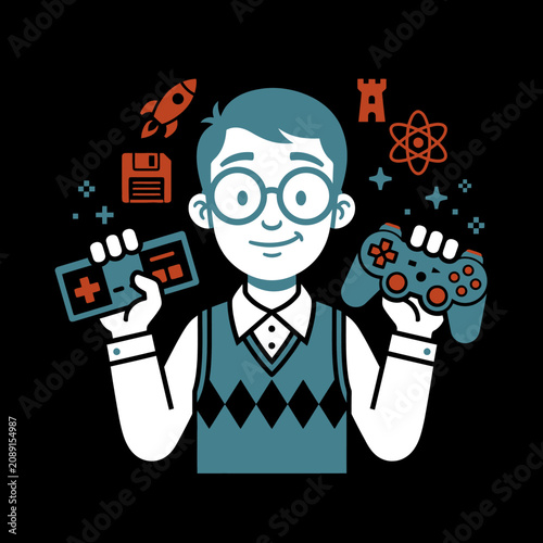 A cartoon boy with glasses holds two video game controllers