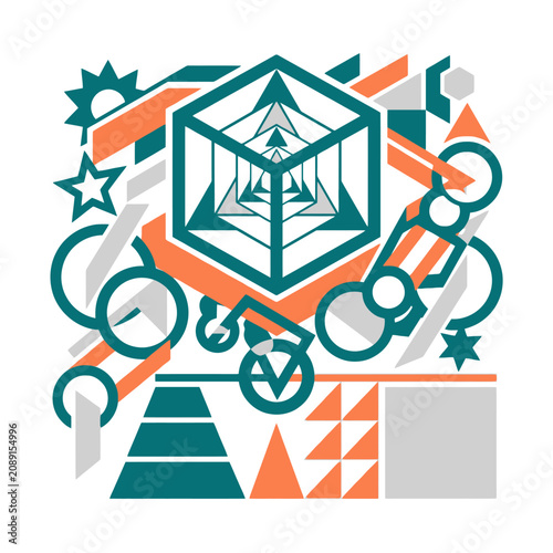 Abstract geometric illustration with a central cube and shapes