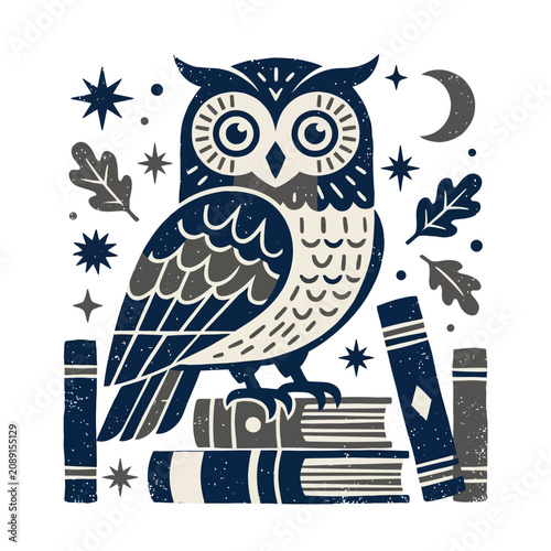 Stylized owl perched on books under a starry night sky