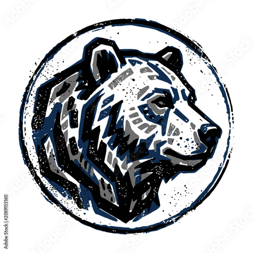 A stylized linocut illustration of a bear head in a circle