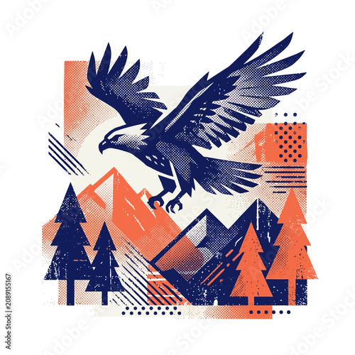 Stylized illustration of an eagle flying over mountains
