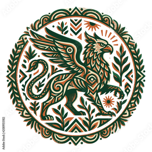 Circular block print illustration of a mythical griffin
