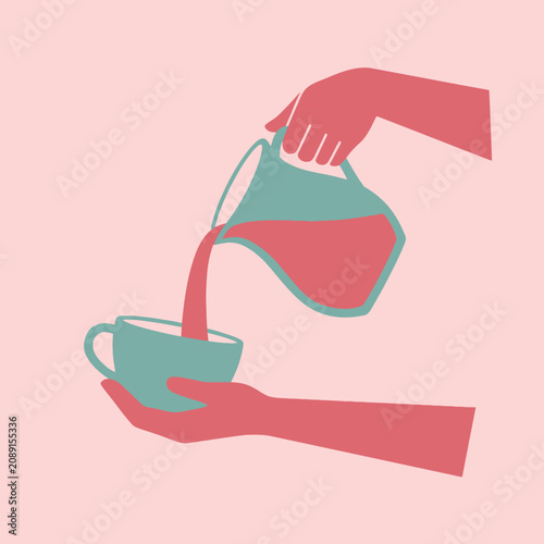 Hands pour a pink beverage from a pitcher into a cup