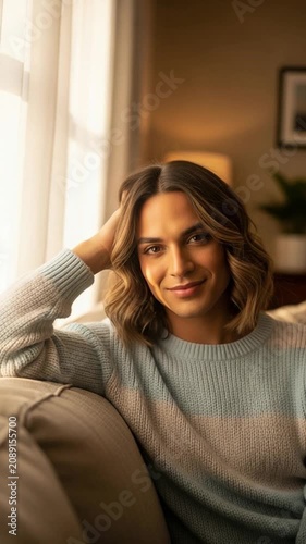 Young person with shoulder length hair relaxing on a couch at home, peaceful mood, cozy indoor lifestyle, soft natural window lighting