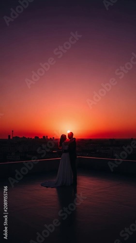 Silhouette of a bride and groom embracing on a rooftop at sunset, romantic wedding couple standing against a vibrant orange sky, love concept