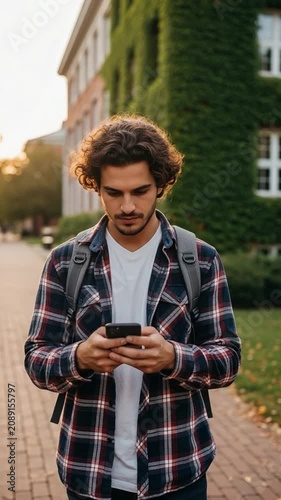 Young male student with curly hair walking on university campus using smartphone for communication and social media connection