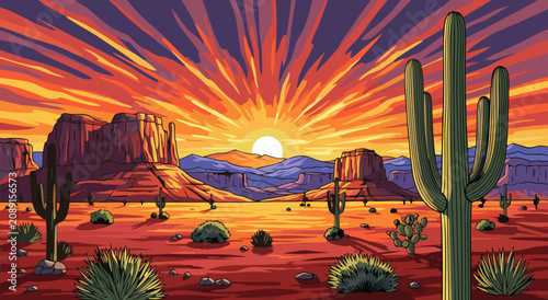Konstfotografi Vibrant desert landscape vector illustration design featuring a dramatic sunset