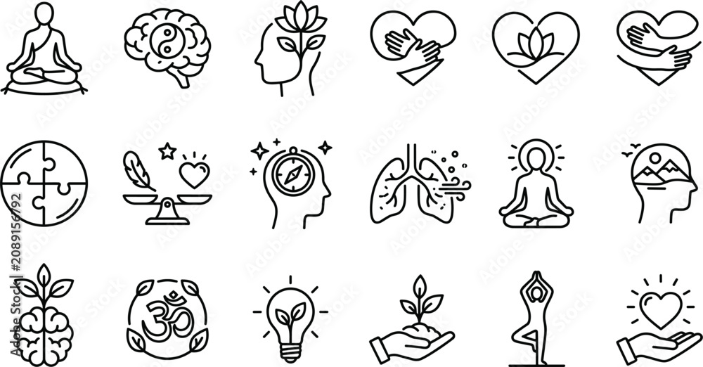 Fototapeta premium Mental Health and Wellness Icon Set Featuring Meditation Yoga Brain Balance Lotus Flowers Heart Care and Mindfulness Symbols in Line Art Style