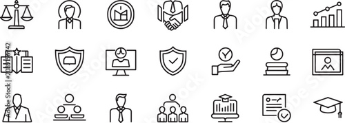 Education Icons Set with Judge, Handshake, Graduation Cap, Shield, Document, Phone, and Finance Chart Symbols