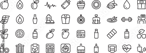 Medicine and Fitness Doodle Icons Set with Apple, Drop, Pills, Weights, and Bottles for Health Concept Design