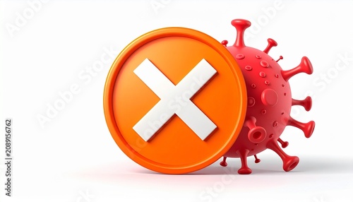 A 3d rendered conceptual representation of a red virus particle blocked by a bright orange circular sign with a white x mark symbol inside.