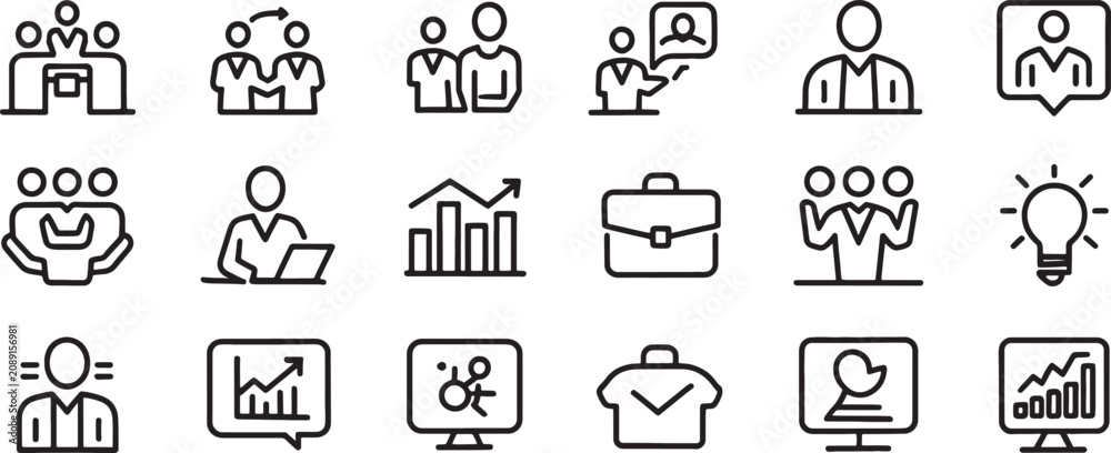Fototapeta premium Business Communication Icons Set with People, Chat Bubbles, Graphs, Strategy Symbols and Lightbulb Idea Concept