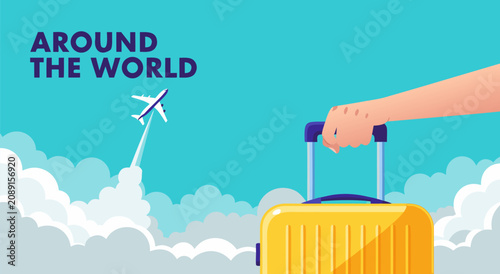 Travel Around The World Vector Illustration Design Concept Featuring A Hand Holding A Suitcase And An Airplane Flying Through The Clouds