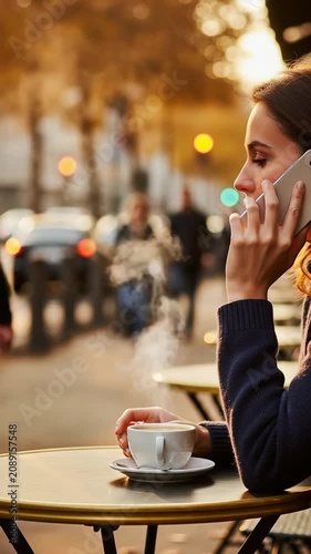 Young woman talking on smartphone at outdoor cafe table with steaming coffee cup in city street background for urban lifestyle concept