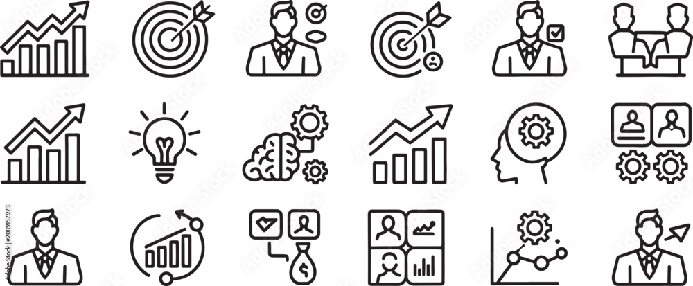 Fototapeta premium Business Growth, Marketing Targets, Analytics and Coaching Icons Set with Thin Lines for Strategy and Management Concept