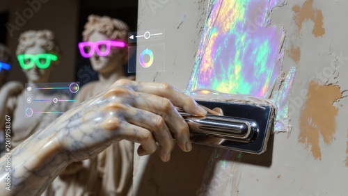 Classical sculpture hand with holographic interface used as a visual concept for digital design, modern construction marketing and tech renovation services.
