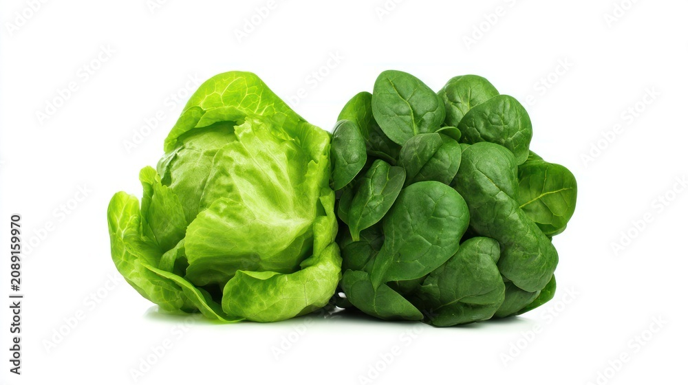 Obraz premium Fresh green lettuce and spinach isolated on white background