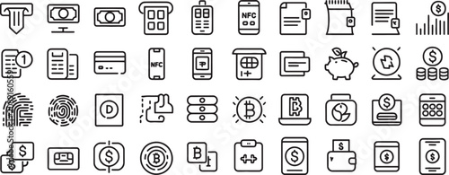 Finance and Payment App Icons Set with Credit Cards, Wallets, Nfc, and Digital Currency Symbols in Outline Style