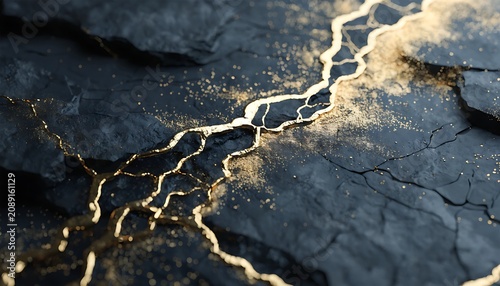 Abstract dark blue stone texture with luxury gold veins and cracks background.
