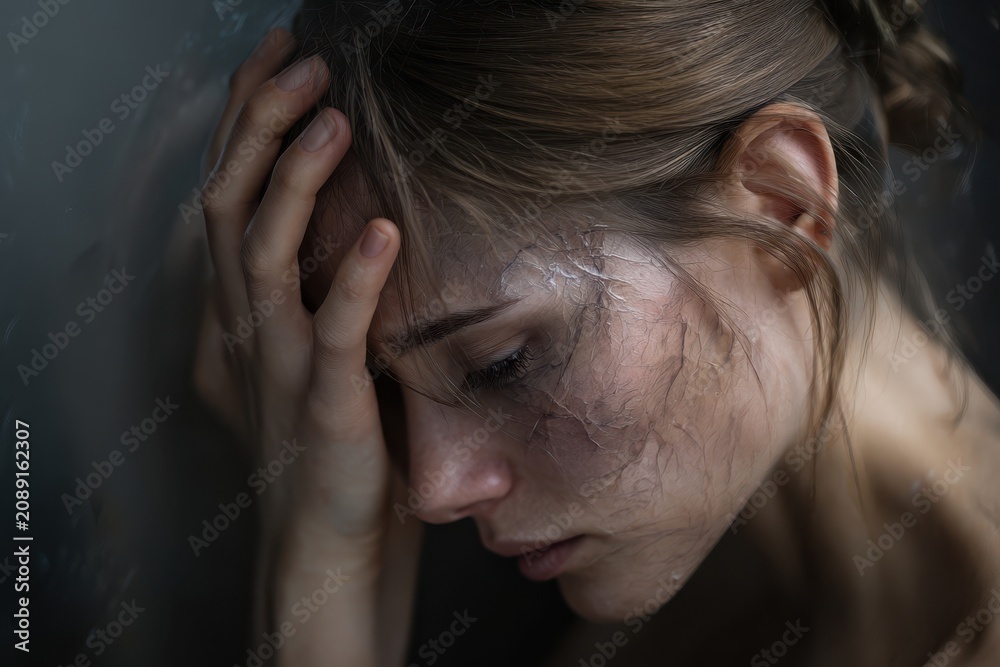Fototapeta premium Emotional portrait of a young woman reflecting struggle and resilience in a somber moment