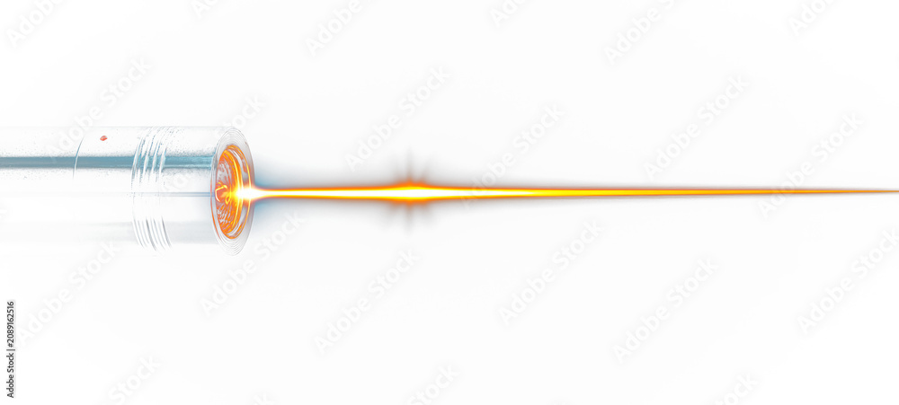 Fototapeta premium Futuristic weapon, emitting bright energy beam, on a black background. Detailed visual representation