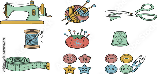 Foto Handmade sewing and tailoring craft tool elements set with vintage machine sciss