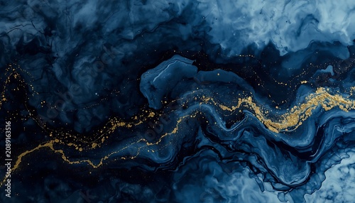Abstract alcohol ink painting background in deep navy blue and midnight colors with luxury gold veins and glitter ripples.