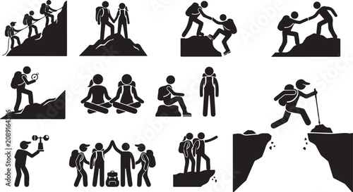 Set of black silhouette icons of hikers and people climbing mountains and trekking in the wilderness isolated on white background, Vector