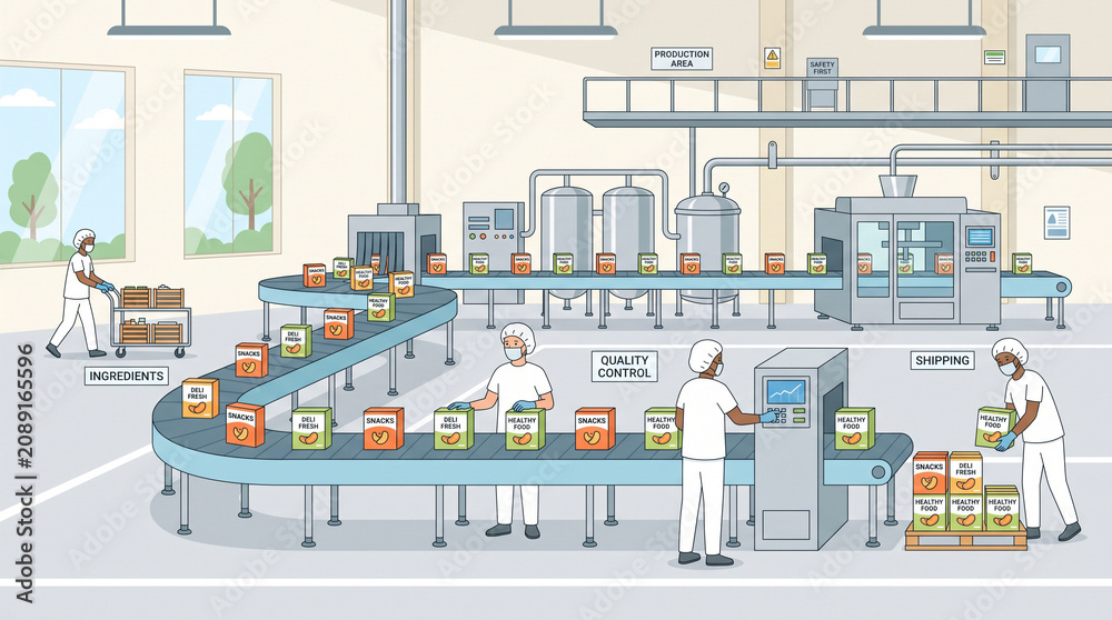 Obraz premium 清潔な食品製造施設で包装商品が流れる衛生管理ライン
