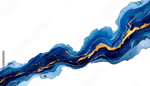 Abstract Blue Alcohol Ink Flowing Wave Background with Gold Glitter Veins on White Isolated Background.