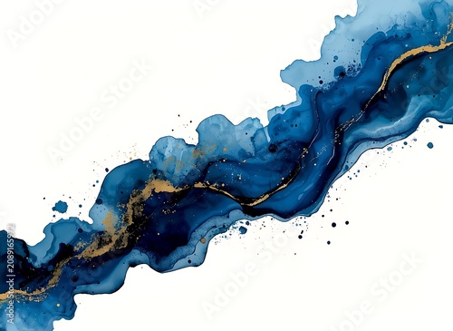 Abstract Blue Alcohol Ink Flowing Wave Background with Gold Glitter Veins on White Isolated Background.
