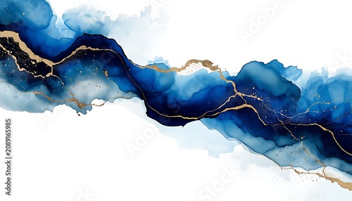 Abstract Blue Alcohol Ink Flowing Wave Background with Gold Glitter Veins on White Isolated Background.