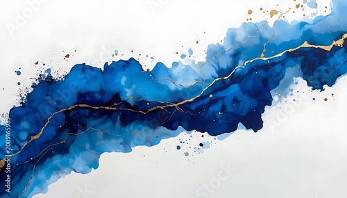 Abstract Blue Alcohol Ink Flowing Wave Background with Gold Glitter Veins on White Isolated Background.