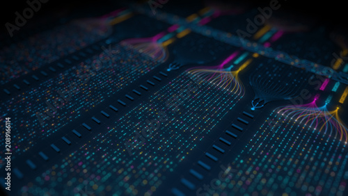 Abstract big data visualization and AI neural network concept with digital circuit lines illustration
