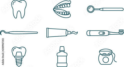 Φωτογραφία Dental Treatment and Oral Care Line Icon Set with Tooth Implant, Toothbrush, Mir