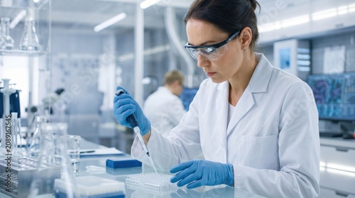 Female scientist using pipette to transfer liquid samples into microplate, modern medical research laboratory, biotechnology and pharmaceutical development, healthcare innovation