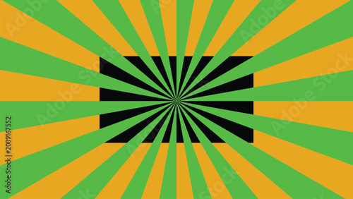 Abstract pop art background with green and yellow sunburst rays radiating from the center over a black rectangle