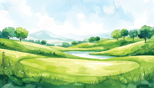 View of golf course with beautiful green field with a rich turf. Hand drawn watercolor