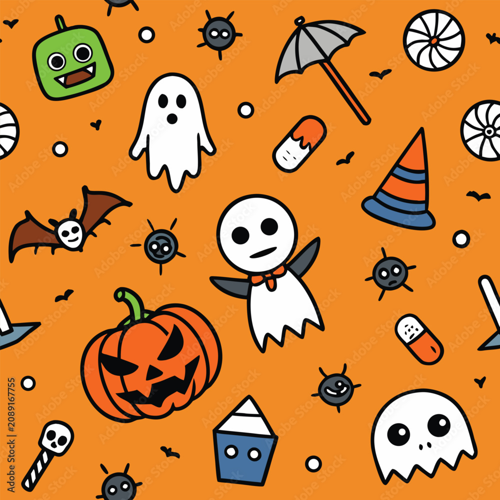 Fototapeta premium Whimsical Halloween icons scattered across a vibrant orange background.