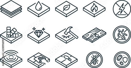 Tableau sur toile Flooring Material Properties and Mattress Characteristics Vector Icon Set Featur