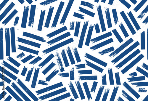 Abstract Blue Brush Stroke Seamless Pattern Vector Background with Hand Painted Geometric Stripes